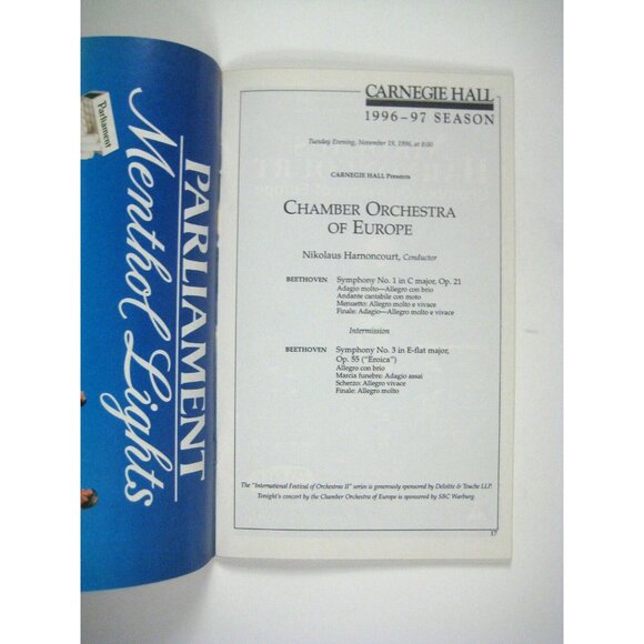 Philharmonic Stagebill November 1996 Chamber Orchestra Europe Harnoncourt - Picture 4 of 6